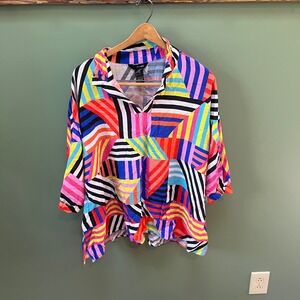 Ali Miles Women's 2X Colorful‎ Patchwork Print Button Down 3/4 Sleeve Top